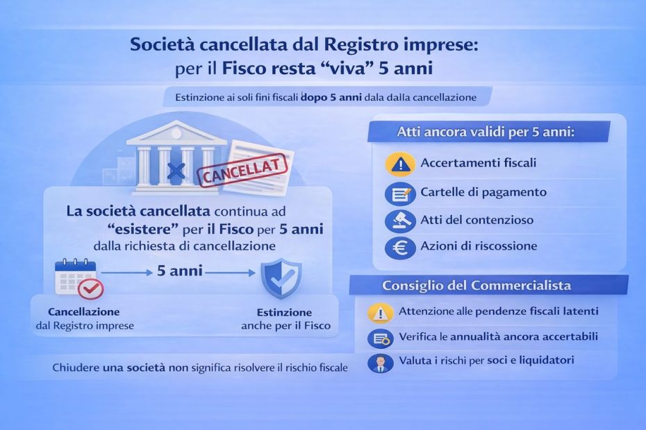 Società cancellata dal Registro imprese, per il Fisco resta “viva” 5 anni
